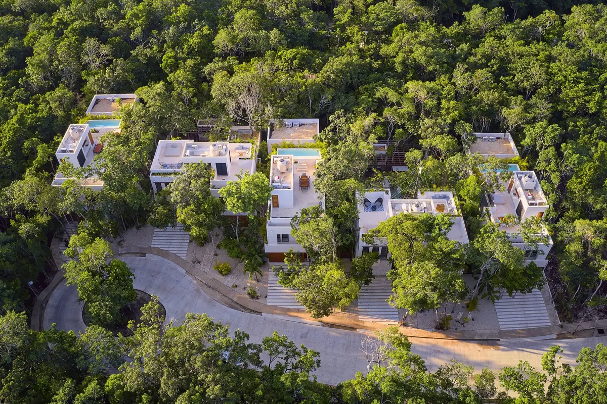 Aerial view of the five white Aldea Kaan Tulum villas and their rooftops, three of them with a pool, beside a curved road in the jungle of La Privada
